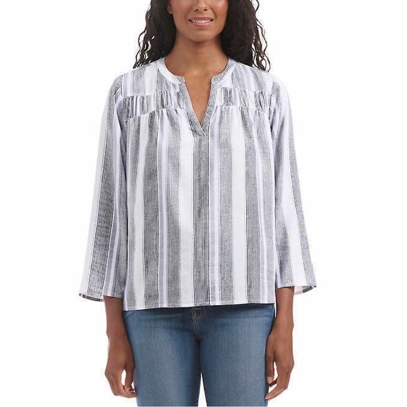 Splendid Linen Blend Top Women's Size M White Striped V-Neck 3/4 Sleeve Shirred - Picture 7 of 10